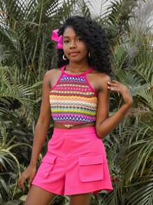 SHEIN 2pcs Girls Vacation Beach Tropical Casual Woven Halter Asymmetric Hem Knit Vest & Woven Cargo Shorts Set, Matching Sibling Outfit - Pink - View 1