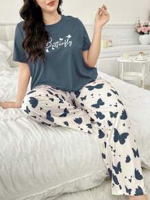 Butterfly & Letter Print Short Sleeve & Long Pants Plus Size Women Pajamas Set - Dusty Blue - View 6