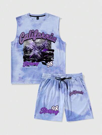 Men's Tie Dye Casual Car Print Tank Top And Shorts Set, Summer Vacation