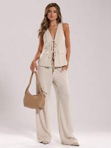 SHEIN BAE Pantalon ample à taille haute et jambe large en lin beige clair pour femme, couleur unie, décontracté, convient pour le port quotidien, les vacances, le bureau, le printemps et l'été