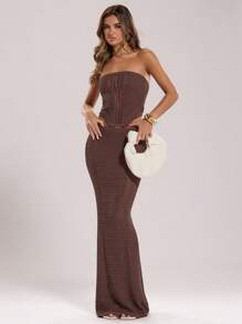 SHEIN BAE 2 pezzi/Set Donna Top a Canotta e Gonna Monocolore, Estivo - Caffè Marrone - Visualizzare 4