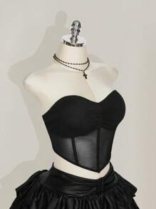 SHEIN ICON Plus Size Ruched Bandana Hem Mesh Tube Black Corset Top - Black - View 4