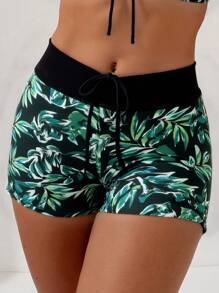 SHEIN Swim Set di bikini estivo da donna con pantaloncini con coulisse e stampa di piante tropicali, stampa casuale