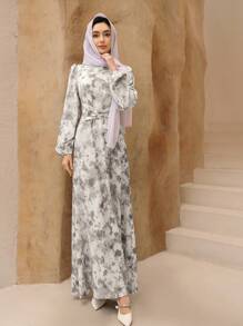 Graceveil 女式雪纺花卉印花立领灯笼袖腰部交叉设计阿拉伯风格连衣裙，端庄 - 灰色 - 查看 8