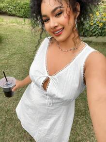 SHEIN EZwear Plus Size Summer White Dress: Casual Short Sleeveless V Neck Woven Fabric Dress With Twist Front Detail - White - View 4