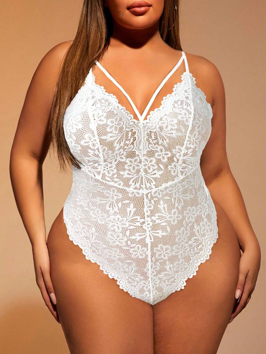 SHEIN SXY Plus Size Sexy Solid Color Lace Bodysuit, Summer - White - View 1