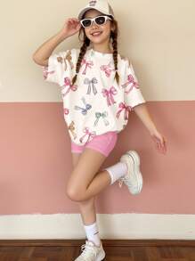 Emery Rose Kids Emery Rose Kids 2 件套 Tween 女童休闲蝴蝶结设计宽松短袖 T 恤和短裤，夏季服装 - 彩色 - 查看 1