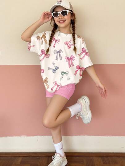 Emery Rose Kids Emery Rose Kids 2st/set Tween flickor Casual rosettdesign Lös kortärmad T-shirt och shorts, sommaroutfit