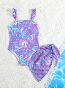 2pcs/Set Little Girls Swimsuit, Random Print, Ruffles, No Lining - Multicolor - View 4