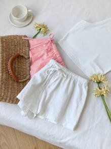 Comfortcana 2 chiếc quần short kẻ sọc vải lanh cho nữ - Đỏ và trắng - Xem 6