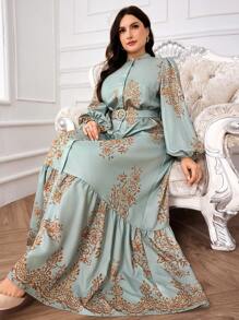 Modelyn Vestido elegante de talla grande para mujer con estampado floral, de abotonadura simple y manga farol