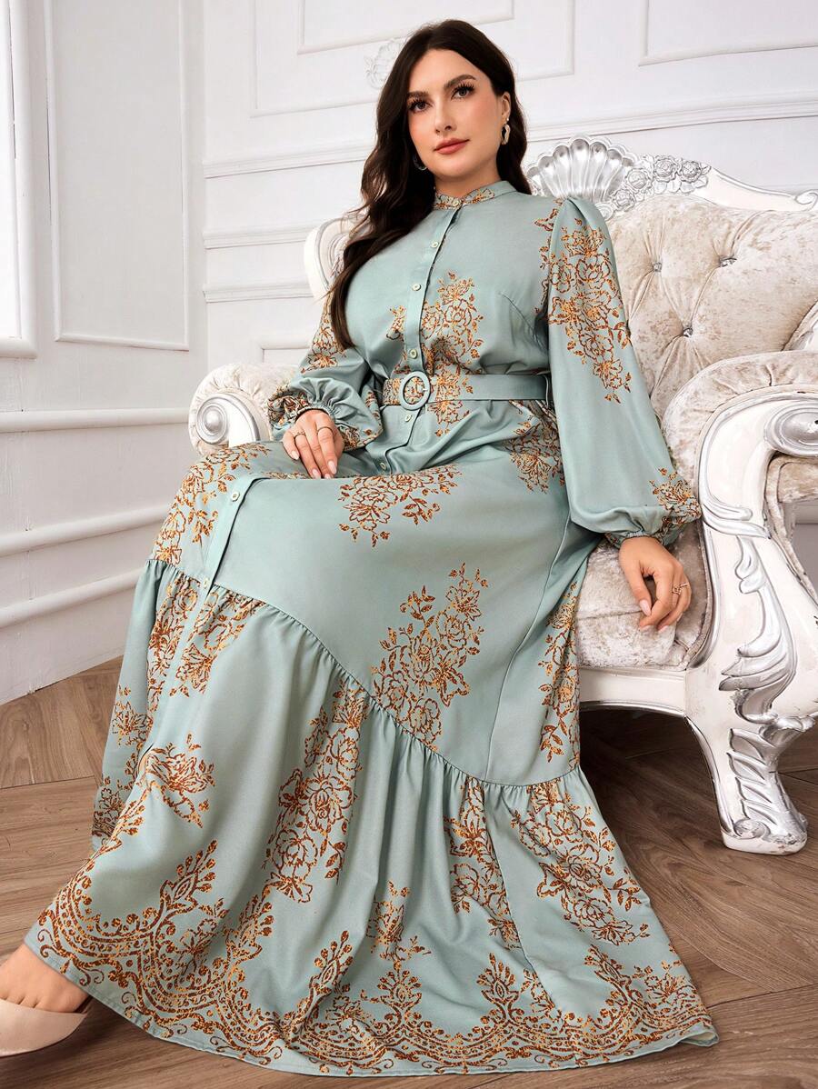 Modelyn 大码女式花卉印花单排扣灯笼袖优雅连衣裙 - 彩色 - 查看 1