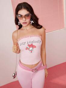 HELLO KITTY AND FRIENDS | SHEIN Women's Tight Sweet Contrast Lace Bow Decor Pink Ribbed Fabric Cartoon Casual Cute Print Tube Top, Comfortable For Summer - Pink - View 4