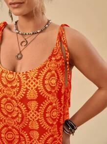 Travachic Plus Size Women Floral Retro Print Red Strap Loose Casual Jumpsuit - Orange - View 5