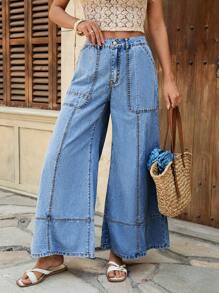 EMERY ROSE Mature Denim 女士宽松阔腿度假休闲牛仔裤夏季女士度假女士音乐会女士波西米亚风女士宽松裤波西米亚风裤子 - 淺色水洗藍 - 查看 1