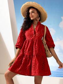 Aveloria Modichic 纯色孔眼刺绣 A 字裙度假装女士 - 紅色 - 查看 3