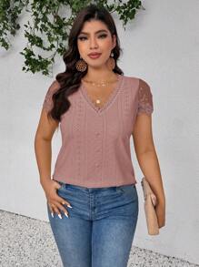 SHEIN Frenchy Plus Size Women's Plain Color Contrast Lace Short Sleeve Burn-Out Embroidery T-Shirt - Dusty Pink - View 5