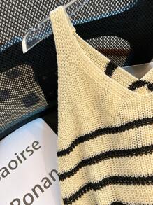 Franclia Nouveau débardeur tricoté court à encolure en V avec nœud torsadé rayé pour femmes, chemise tricotée sans manches à coupe ample et polyvalente - Multicolore - Voir 3