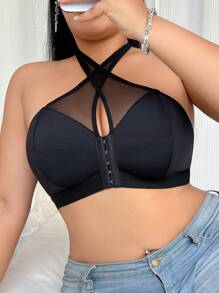 SHEIN Plus Size Comfortable Wireless Thin Bottom Halter Bra - Black - View 5