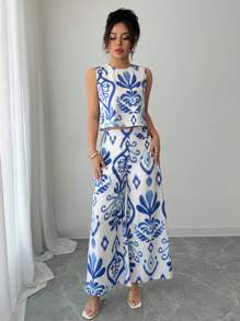 Breezaya 2件套夏季休闲度假碎花上衣+宽松阔腿裤套装 - 彩色 - 查看 5