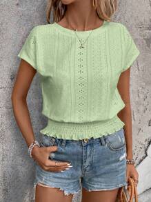 EMERY ROSE Crewneck T-Shirt, With Textured Fabric And Elastic Waistline - Green - View 6