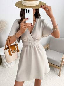 EMERY ROSE Women's Solid Color V-Neck Short Sleeve Casual Mini Dress Summer Dresses For Women Graduation Dresses For Women - Khaki - View 6