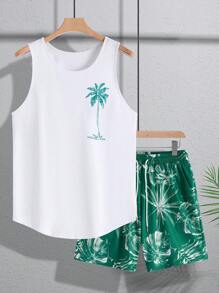 Manfinity RSRT 男士夏季假日椰子树印花背心和短裤套装男士沙滩装海滩度假装男士沙滩装，舒适装 - 彩色 - 查看 3