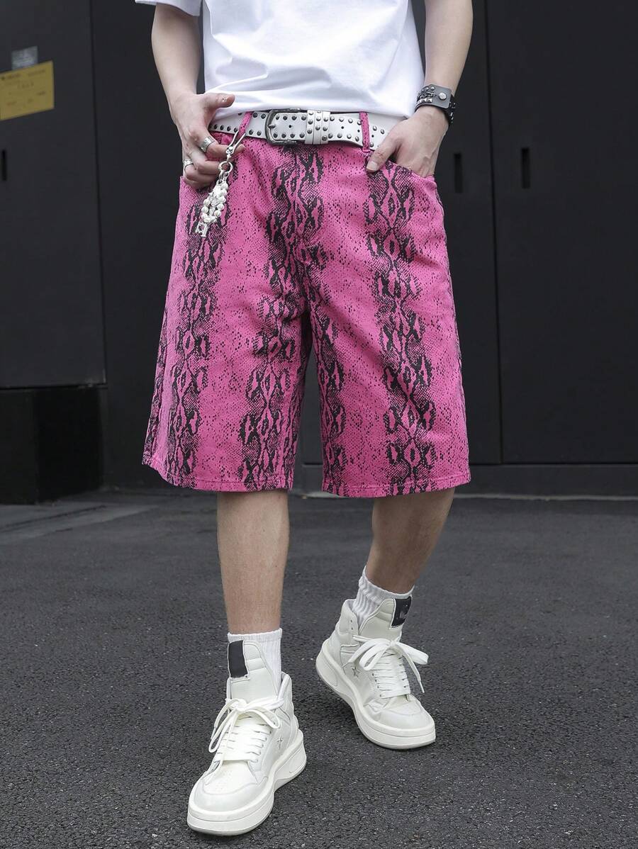 Manfinity EMRG Shorts en jean décontractés pour hommes avec motif peau de serpent et poches en biais, idéal pour l'été