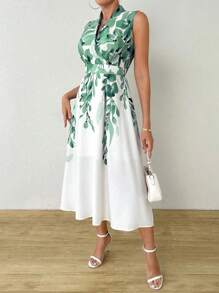 SHEIN Clasi 女士夏季植物印花 V 领无袖优雅长裙，搭配重叠设计超长女士服装 - 綠色 - 查看 8