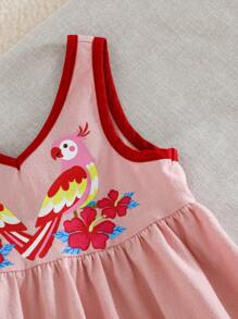 Cozy Pixies Baby Girl Cartoon Parrot Print V-Neck Sleeveless Waisted Dress, Casual Versatile - Pink - View 8