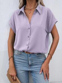EMERY ROSE Plain Front Button Casual Short Sleeve Shirt, Versatile For Summer - Mauve Purple - View 4