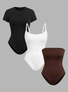 SHEIN EZwear 3 件套女士纯色圆领短袖紧身衣带吊带背心套装 - 彩色 - 查看 1