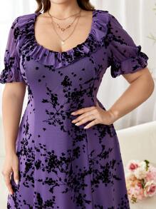 Modelyn Plus Size Elegant Mesh Jacquard Flared Hem Short Sleeve Dress, Spring/Summer - Purple - View 5