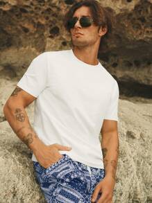 Manfinity VCAY 2pcs/Set Men's Knitted Slim Fit Round Neck Casual T-Shirt Set, Suitable For Summer