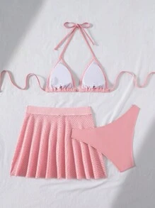 Swim Mod Bộ đồ bơi hở lưng lưới 3 mảnh cho nữ kèm chân váy ngắn, đồ bơi đi biển cho bé gái tuổi teen dễ thương, đồ bơi giải trí thường ngày mùa hè cho tiệc hồ bơi - Hồng - Xem 2