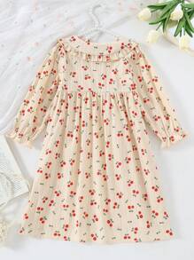 年轻女孩可爱碎花提花面料优雅图案长袖荷叶边白色睡袍家居服 - 杏色 - 查看 2