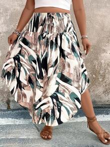 SHEIN Clasi Plus Size Women All-Over Print Drawstring Asymmetric Hem Vacation Print Midi Skirt Fall Cloth For Women - Multicolor - View 3