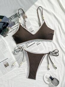 SHEIN Swim 2pcs Women Textured Solid Color Adjustable Spaghetti Strap Bikini Top And Tie Side Printed Triangle Bikini Bottom Swimwear For Summer Beach Vacation - Chocolate Brown - View 1