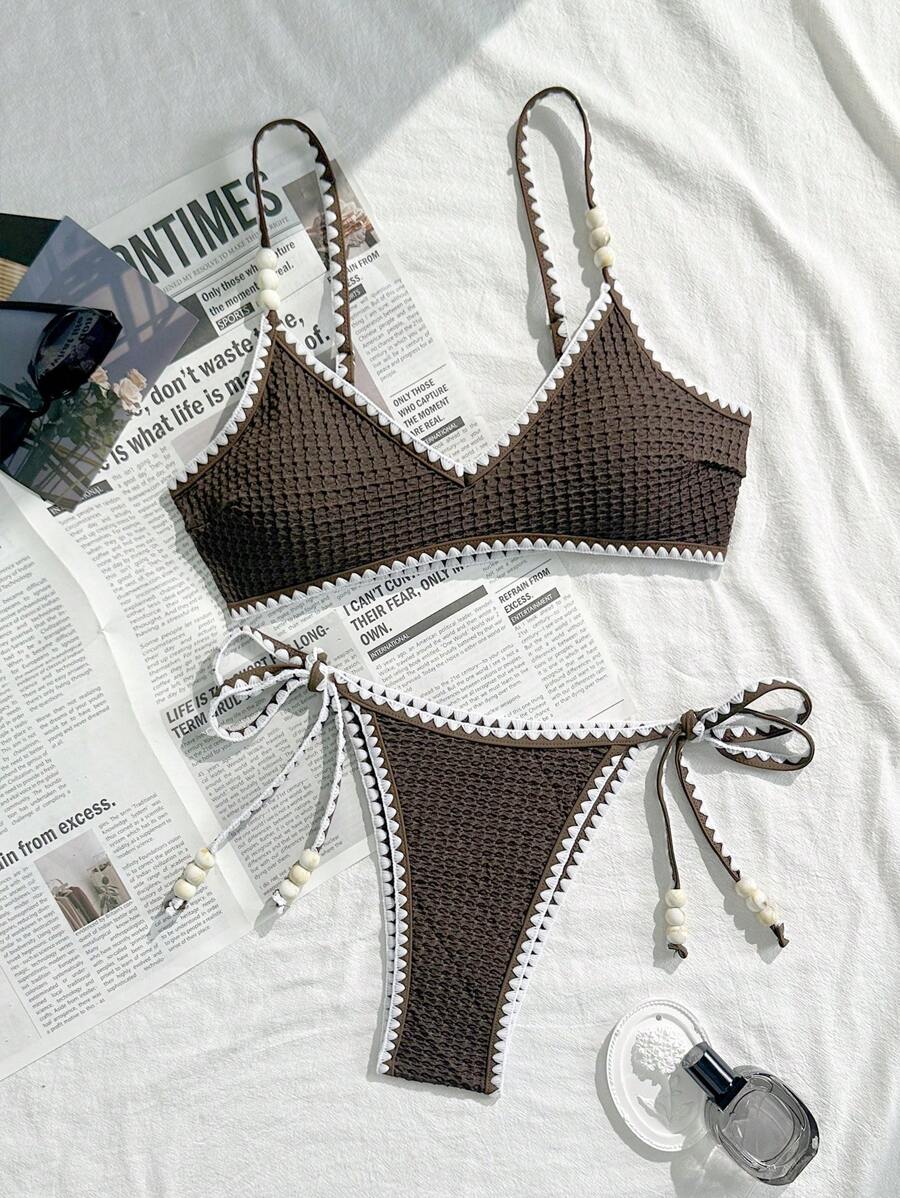 SHEIN Swim 2pcs Women Textured Solid Color Adjustable Spaghetti Strap Bikini Top And Tie Side Printed Triangle Bikini Bottom Swimwear For Summer Beach Vacation - Chocolate Brown - View 1