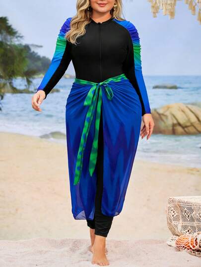 Swim Shayni مجموعة بوركيني للنساء ذات الحجم الكبير تتكون من قطعتين، مطبوعة بتدرج الألوان، مع أكمام طويلة، تصميم ممشق، سحاب أمامي، فستان ماكسي شفاف نصفي، مثالية لعطلات الشاطئ