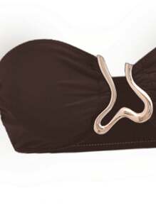 Swim Oasis Bộ 3 đồ bơi nữ màu vàng trơn thời trang lễ hội Boho đi biển: Áo bikini bandeau, quần bikini cạp cao và váy ngắn hở vai đi biển - Cà phê nâu - Xem 4