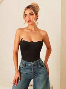 Glamine Women's Solid Color Bandeau Bodysuit, Fitted And Fashionable - Black - View 1