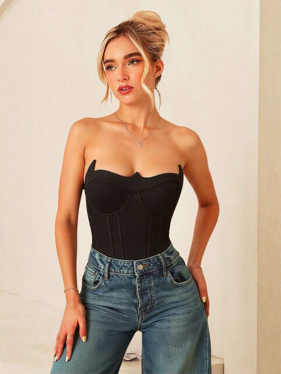 Glamine Women's Solid Color Bandeau Bodysuit, Fitted And Fashionable - Black - View 1