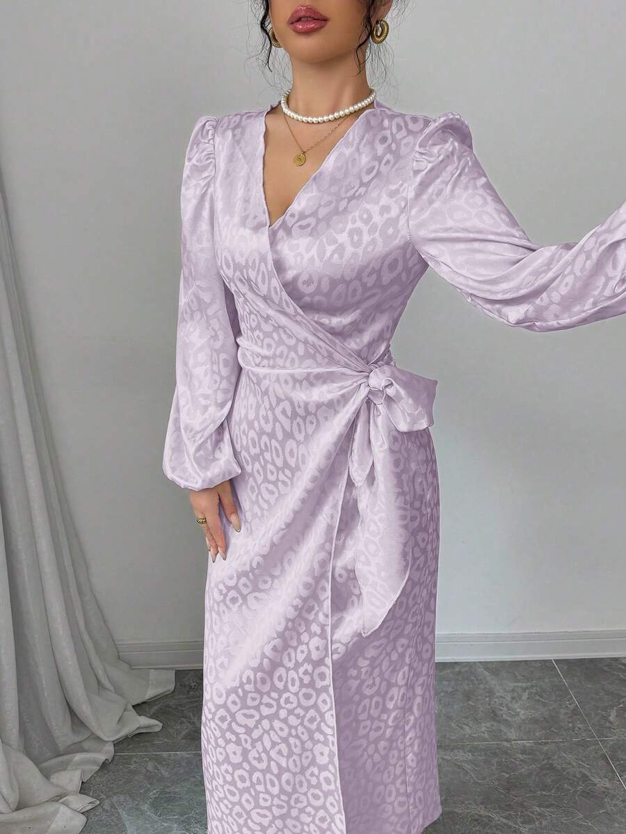 Modelyn Women's Light Purple Leopard Print Satin Jacquard Surplice Wrap Front Tie Waist Bodycon Long Sleeve Dress