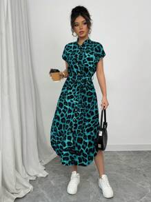 Rafferiza 女士休闲度假旅行豹纹前扣衬衫腰带蝴蝶结口袋侧开衩2025夏季新款短袖长裙