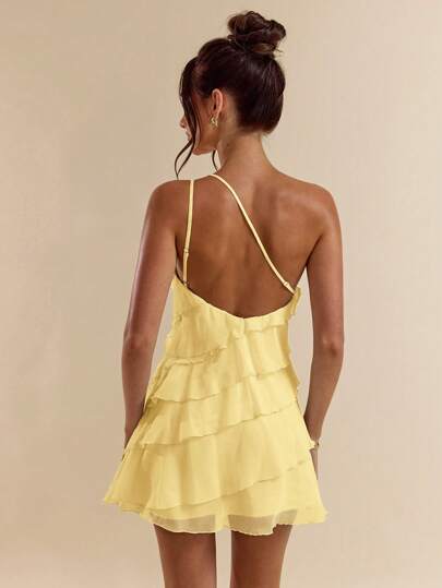 SHEIN BAE Vestido mini de unicolor albaricoque con capa de hoja de loto adecuado para citas diarias, salidas nocturnas, discotecas, fiestas, reuniones, fiestas de cóctel, fiestas de piscina, ropa de vuelta al colegio, vestidos de temporada escolar, vestidos de vacaciones, ropa de festivales de música, ropa de festivales de música country, ropa de conciertos