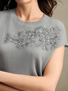 Anewsta Elegant Round Neck Beaded Embroidery Short Sleeve T-Shirt, Knit Top For Valentine's Day, Summer Vacation, New Year's, Spring, Casual, Elegant - Grey - View 2