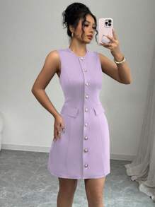 Elenzga Sleeveless Elegant Commuter Fashion Front Closure Waist Cinched Waist Women Dress