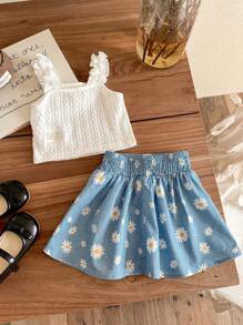 SHEIN LMoss Kids Babygirl 花卉印花白色吊带背心和迷你裙套装，夏季 - 紫色 - 查看 2