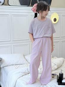 Dazy Kids 青少年女孩纯色短袖上衣和格子裤家居服睡衣套装，女孩夏季服装，返校服装 - 紫色 - 查看 4